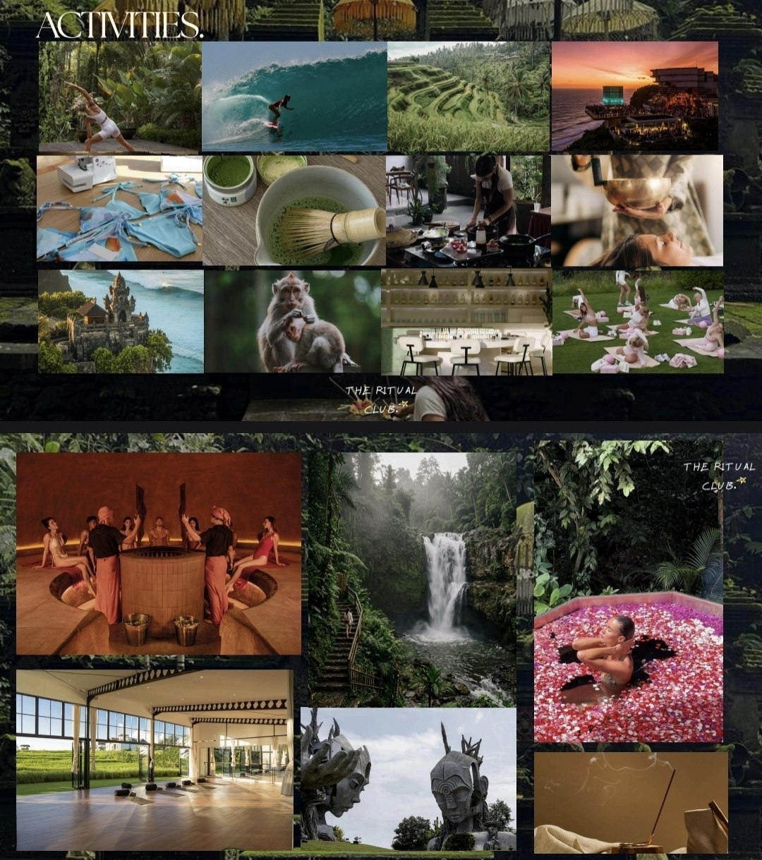 The Ritual Club activities collage showing yoga, surfing, rice terraces, crafts, matcha, cooking, a singing bowl, a temple, monkeys, a waterfall and a flower bath