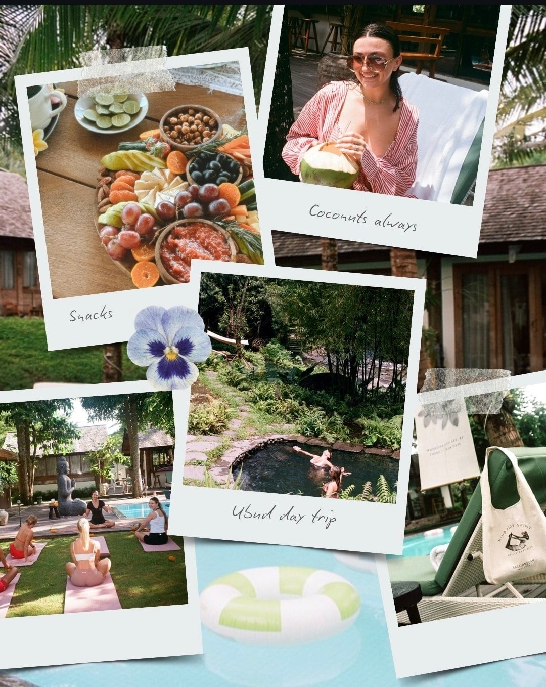 Retreat collage showing snacks, coconuts, poolside activities and an Ubud outing, with handwritten captions